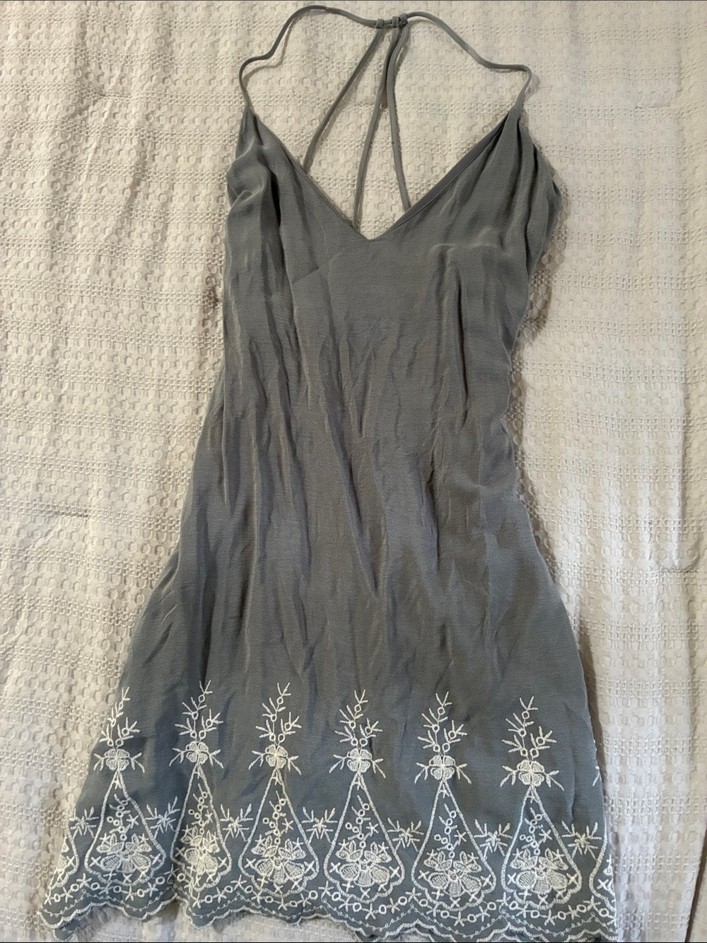 emory park gray slip mini dress with white hem embroidery